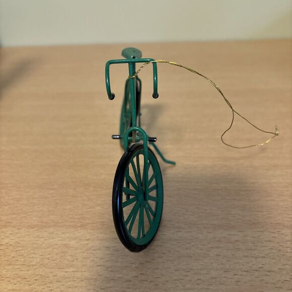 Christmas Ornament Green Metal Bicycle 4" x 5-1/2" Rider Cyclist Preowned - Picture 5 of 5
